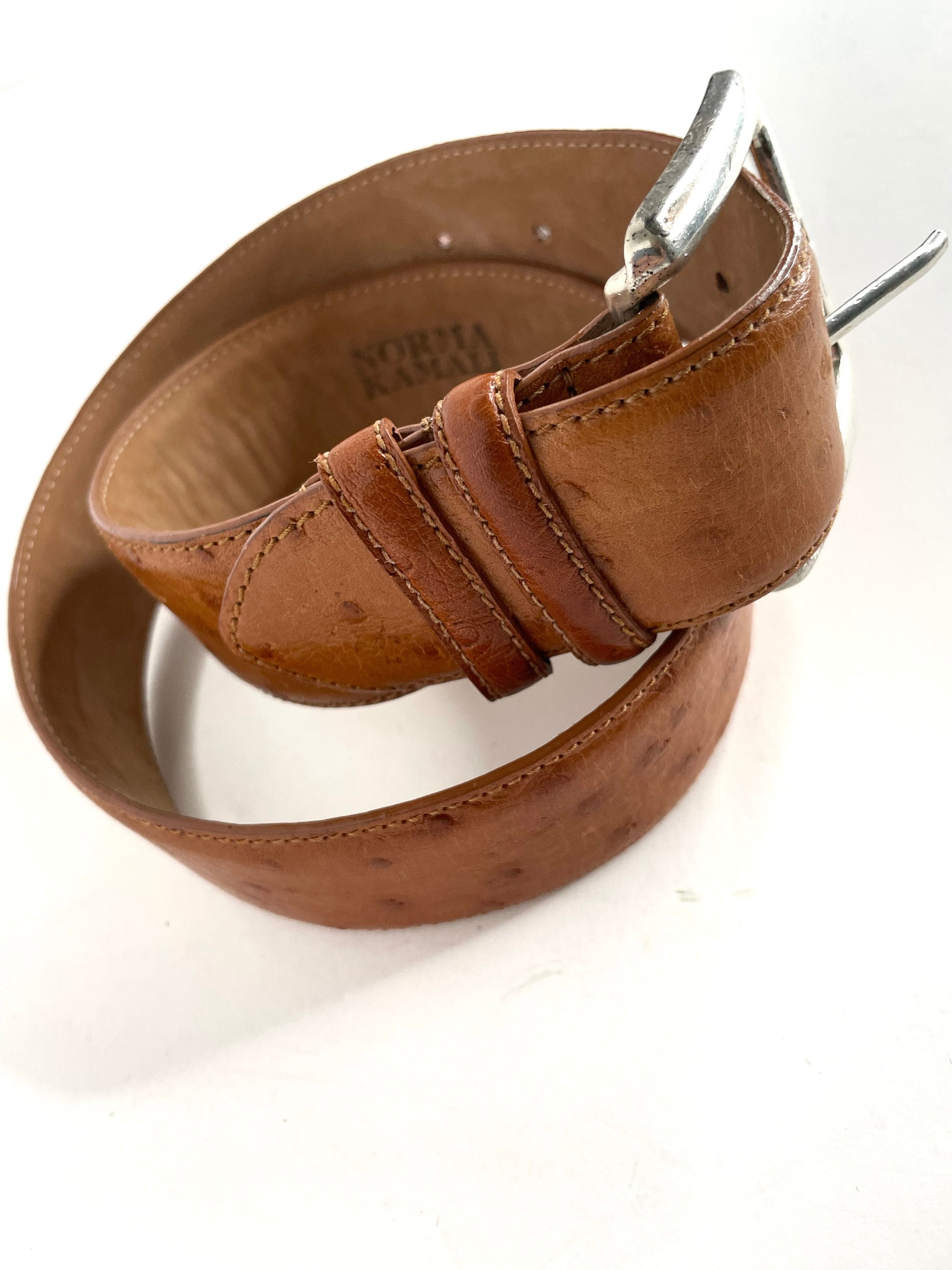 Vintage 80s Norma Kamali Signed Ostrich Belt Genuine Leather Brass Buckle Jeans IMG_9160.png?format=1500w main image 4