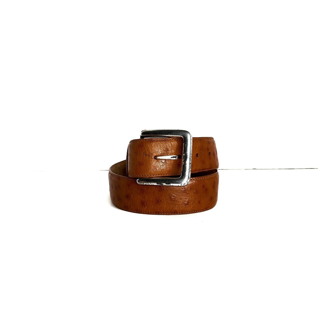 Vintage 80s Norma Kamali Signed Ostrich Belt Genuine Leather Brass Buckle Jeans NORMA KAMALI 1980s Brown Ostrich Pattern Italian Calfskin  main image 4