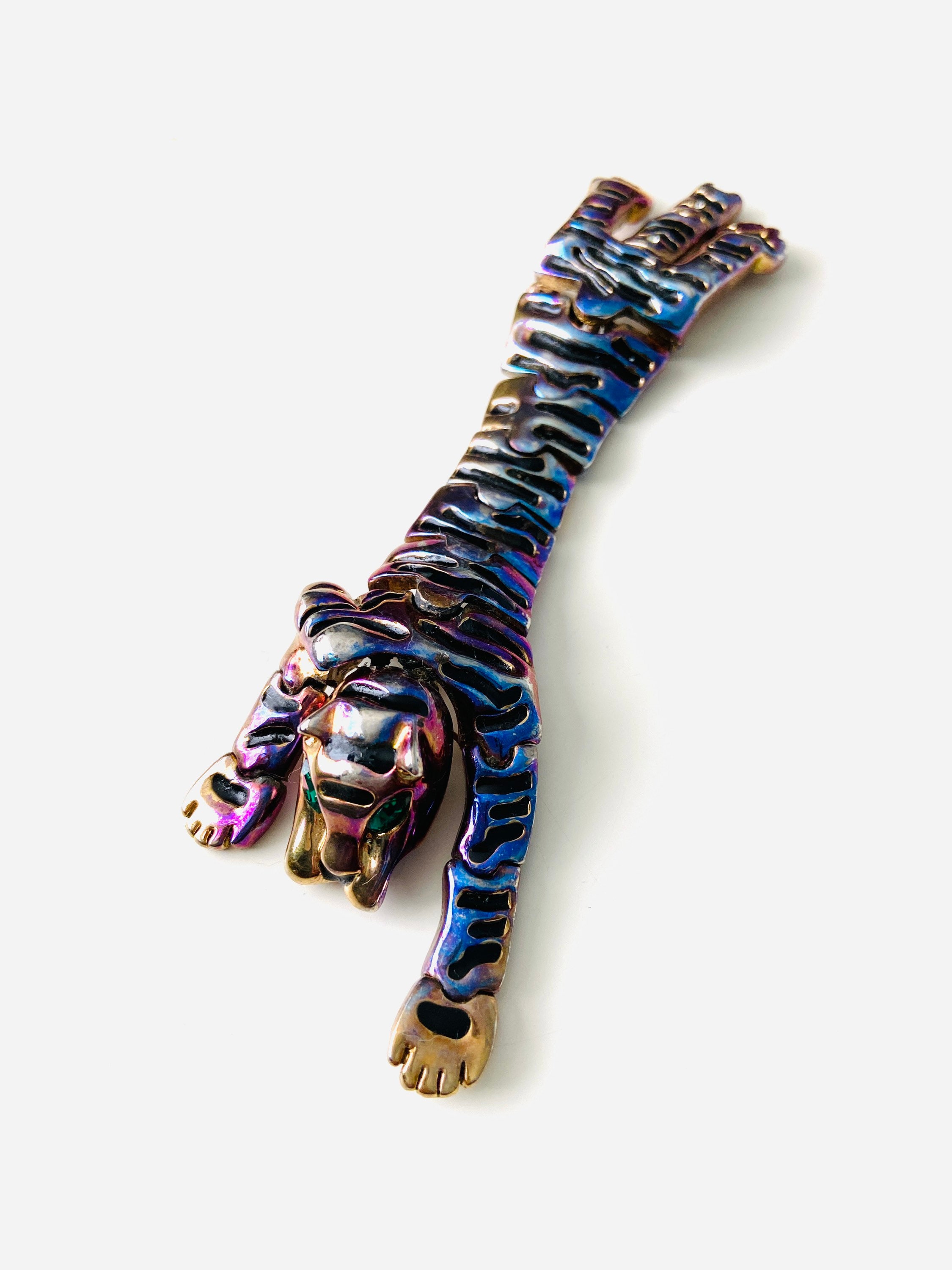 VINTAGE Articulated Shoulder Enamel Tiger Brooch Gold Toned Rhinestones Eyes 1980’s 72 grams