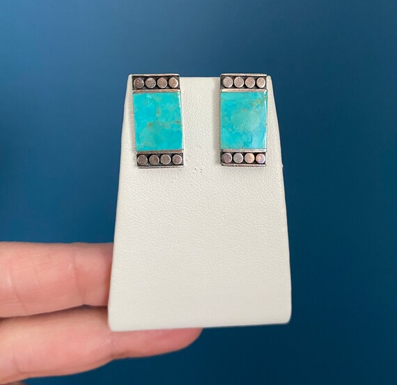 Turquoise Sterling Silver Rectangle Stud Earrings… - image 4
