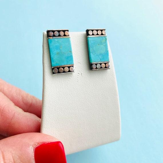 Turquoise Sterling Silver Rectangle Stud Earrings… - image 1
