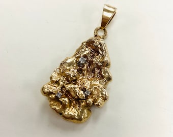 VINTAGE Massive 80’s Era 10K Solid Yellow Gold Nugget Pendant With 3 Diamond Chips 2"Approx