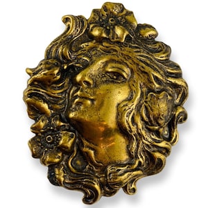VINTAGE Art Nouveau Brass Hat Pin Mucha Style Woman Head Face With Flowing Hair Brooch 2” by 2.25&quot;
