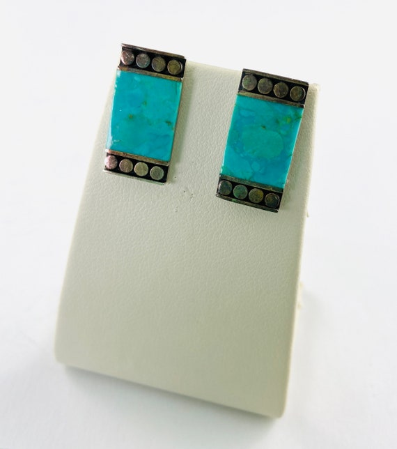 Turquoise Sterling Silver Rectangle Stud Earrings… - image 6