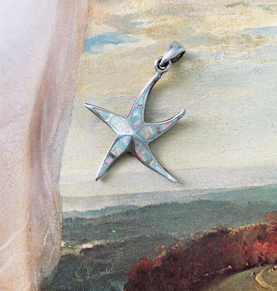 Colgante Deslizante De Plata De Ley 925 Con Forma De Estrella De Mar E Incrustación De ópalo Hawaiano - Rodio