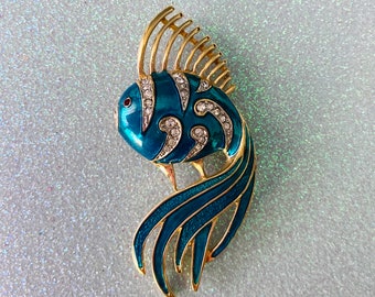 VINTAGE Fifth Avenue Collection Blue Fish Brooch Gold Tone Rhinestones Signed 3”