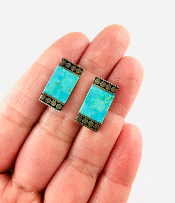 Turquoise Sterling Silver Rectangle Stud Earrings… - image 2