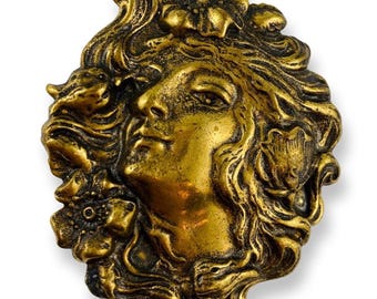 VINTAGE Art Nouveau Brass Hat Pin Mucha Style Woman Head Face With Flowing Hair Brooch 2” by 2.25"