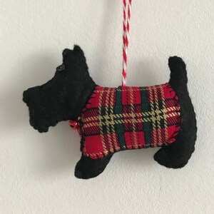 Scottie Dog with festive tartan felt decoration, Christmas decoration,  Christmas tree ornament, Pet Christmas Deco, felt dog decoration.