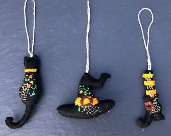 Halloween Decorations, ‘Witches boot, hat or cat’ embroidered ornaments, Halloween Décor, Autumn décor, Spooky Witches Boot, Hat and Cat.
