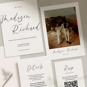 May include: Wedding invitation suite with a white background and black text. The invitation includes the couple's names, the date of the wedding, the wedding venue, and the RSVP information. The RSVP card includes a QR code for guests to RSVP online.
