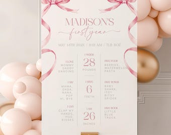 Girl Pink Bow First Birthday Milestone Sign Pink Coquette Bow 1st Birthday Milestone Poster One Year Photo Baby Milestone Board #k19