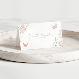 Modelo de cartão de buffet para chá de bebê borboleta, decorações para chá de bebê, etiqueta de comida para festa, buffet, cartão de comida floral, chá de bebê com flores silvestres # b06