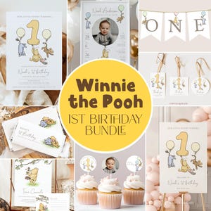 Winnie the Pooh 1st Birthday Invitation Bundle Classic Pooh Birthday Invite First Birthday Party Decorations Kids Birthday Template #k01
