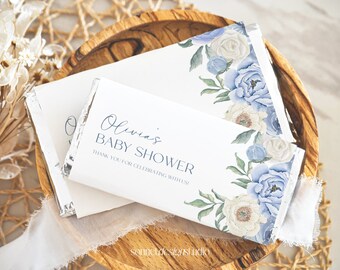 Chocolate Bar Wrapper Template, Blue Flower Baby Boy Shower Decorations, Chocolate Wrappers, Candy Bar Label, Baby shower Favor #b01