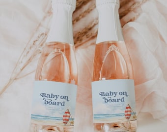 Dziecko na pokładzie Etykieta wina na baby shower Letnia plaża Etykieta butelki mini szampana Prezent na baby shower na surfing Etykieta upominkowa na baby shower #b07