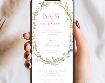 Baby Shower Digital Evite Template, Electronic Baby Shower Invitation, Baby Shower Digital Invite, Wildflower Baby Personalized Evite #b03