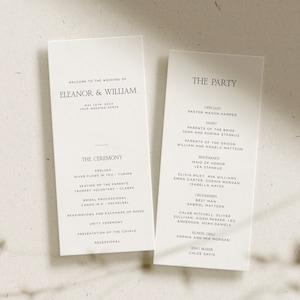May include: A wedding ceremony program with a white background and black text. The program lists the order of events for the ceremony and the names of the wedding party members. The text includes the names Eleanor and William, the officiant Pastor Mason Harper, and the names of the bridesmaids and groomsmen.