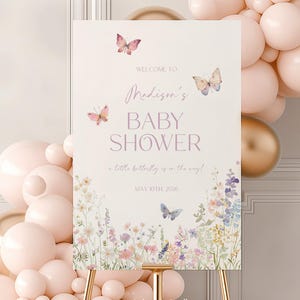 Sinal de boas-vindas para chá de bebê, borboleta, decoração de chá de bebê, personalizado, flores silvestres, pôster de boas-vindas # b06