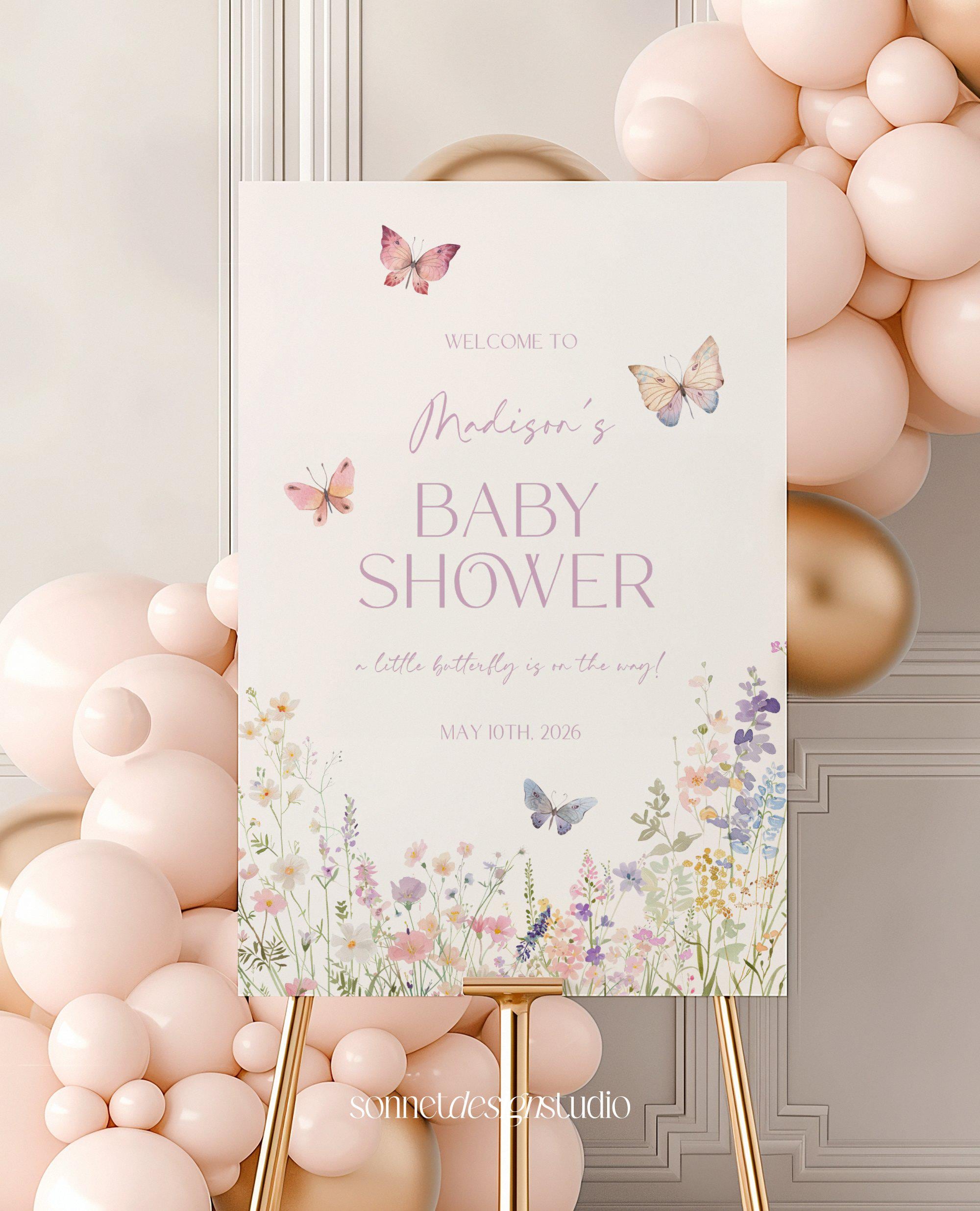 Butterfly Baby Shower Sign Welcome Sign for Baby Shower Decorations Sign Personalized Baby Shower Sign Wildflower Baby Welcome Poster #b06