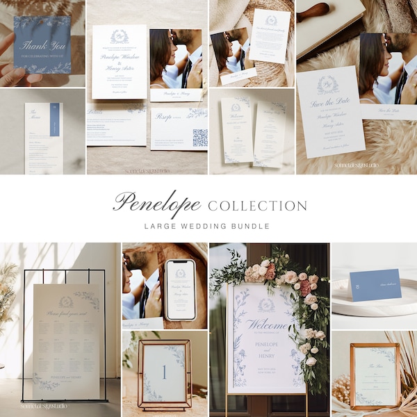 Large Modern Dusty Blue Floral Wedding Invitation Bundle Wildflower Wedding Suite Template DIY Wedding Invitation Printable Set #15