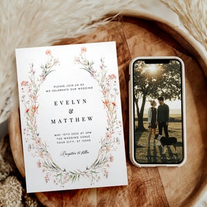 May include: A wedding invitation with a floral border. The invitation is for Evelyn and Matthew and is set for May 10th, 2025 at 6pm. The text "Reception to follow" is written in cursive at the bottom of the invitation.