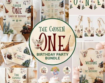 Chosen One 1st Birthday Invitation Bundle Wizards First Birthday Invite Magic School Kids Birthday Party Decor Editable Template #k16