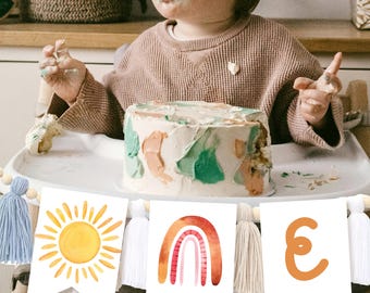 Banner para primer cumpleaños con el primer viaje alrededor del sol Banner para primer cumpleaños con el tema del sol Banner para silla alta con el tema del sol Plantilla editable n.° k15