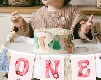 Berry First Birthday Banner ONE High Chair Banner Berry Sweet First Birthday Banner Strawberry Bunting Banner Kids Birthday decorations #k04