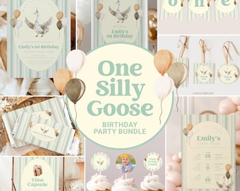 One Silly Goose 1st Birthday Invitation Bundle Goose First Birthday Invite Vintage Goose Kids Party Decorations Editable Template #k18