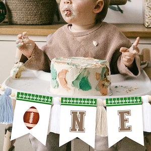 First Year Down 1st Birthday Banner ONE High Chair Banner Football First Birthday ONE Banner Bunting Banner Kids Birthday decorations #k10