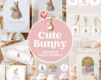 Some Bunny is One 1st Birthday Invitation Bundle Easter Bunny First Birthday Invite Wildflower Kids Party Decorations Editable Template #k17