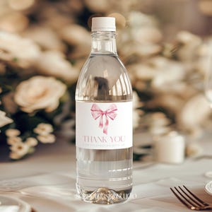 Pink Bow Water Bottle Label Template Girl Coquette First Birthday Party Decor Thank You Water Bottle Labels Personalized Water Label #k19