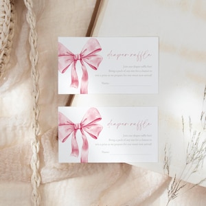 Pink Bow Diaper Raffle Card Baby Shower Pink Ribbon Decorations Card for Baby Shower Game Personalized Pink Coquette Baby Girl Shower #b11