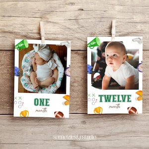 Football First Birthday Photo Banner First Year Down 1st Birthday Photo Banner Baby Boy Photo Cards Baby Milestone Photo Cards #k10