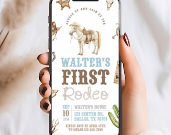 First Rodeo Birthday Invitation Digital Evite Cowboy Western First Birthday Invite First Birthday Party Decorations Rodeo Kids Birthday #k09