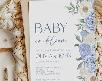 Baby Shower Invitation, Baby Shower Invite, Baby Shower Personalized Template, Baby Shower Decorations, Blue Flower Baby Shower Invite, #b01