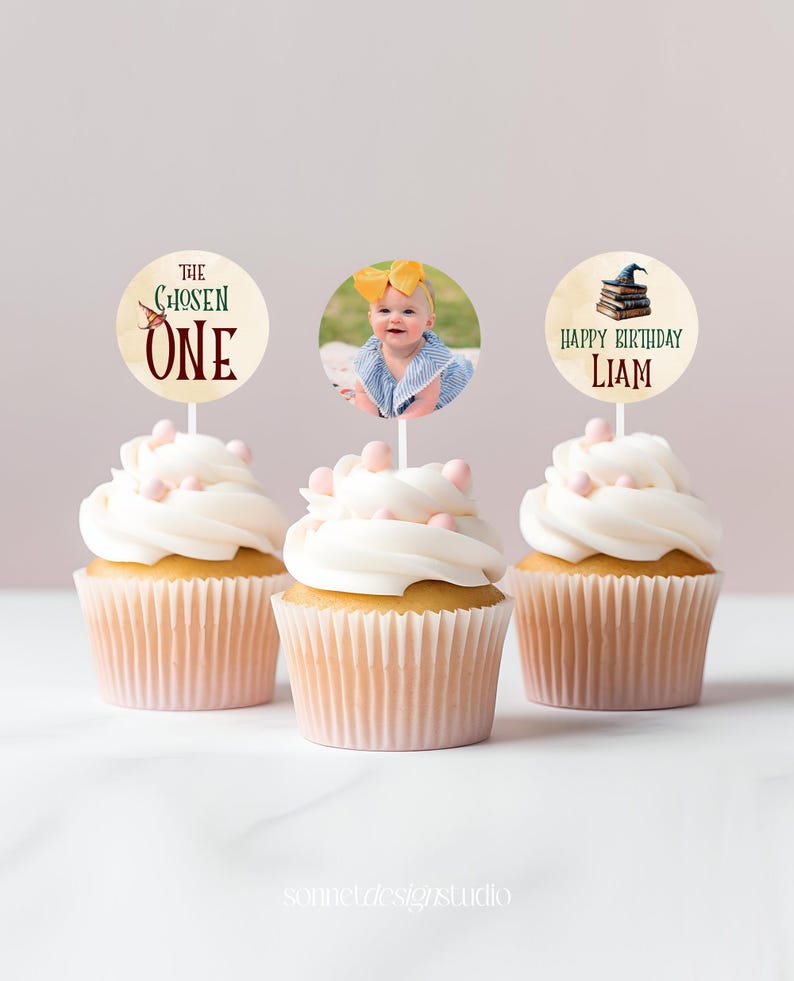 The Chosen One 1st Birthday Cupcake Topper Wizard Party Pick Baby Photo ...