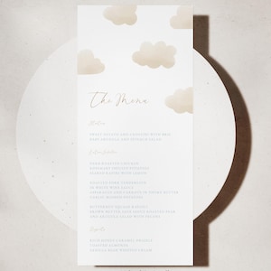 Cloud nine Baby Shower Menu Template Cloud 9 Baby Shower Menu We’re on cloud nine Baby Shower Food Menu Neutral Baby Shower Decorations #b13