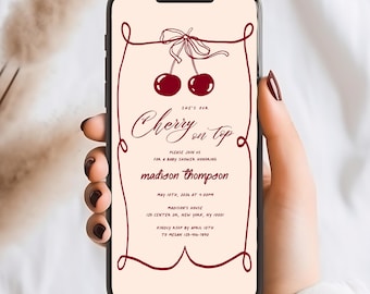Invitación digital para baby shower con cerezas, invitación personalizada para baby shower con cerezas en la parte superior, invitación digital personalizada para baby shower de niña con cerezas rosadas #b14
