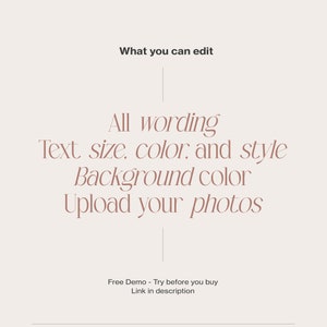 K&ouml;nnte beinhalten: Textgrafik mit den Worten "What you can edit" oben, gefolgt von "All wording", "Text size, color, and style", "Background color" und "Upload your photos". Unter dem Text befindet sich eine Textzeile mit "Free Demo - Try before you buy" und "Link in description". Am unteren Rand der Grafik steht der Text "sonnetdesignstudio" und "@THESONNETDESIGN".