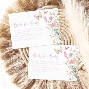 Vlinderboeken voor babykaart, boekverzoek invoegen, baby in bloei, babyshower gepersonaliseerde sjabloon wilde bloemen babyshower voor meisje #b06