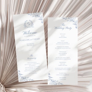 May include: A wedding ceremony program with a blue floral design. The program includes the names of the officiant, family members, bridesmaids, groomsmen, flower girls, and ring bearer. The text "The Wedding Party" is at the top of the page.