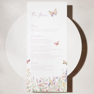 Szablon menu na baby shower z motylem Menu na baby shower z motywem dzikiego kwiatu Menu jedzenia na baby shower z motywem kwiatowym Dekoracje na baby shower dla dziewczynek #b06
