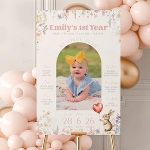 Bunny First Birthday Milestone Sign Wildflower 1st Birthday Milestone Poster One Year Photo Baby Milestone Board #k17