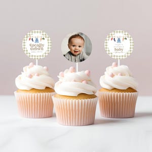 Locally Grown Baby Shower Cupcake Topper Template Party Pick Farmer’s Market Shower Cupcake Topper Personalized Birthday Cake Topper #b15
