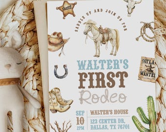 First Rodeo 1st Birthday Invitation Cowboy Western First Birthday Invite Rodeo Boy Birthday Party Decorations Kids Birthday Invite #k09