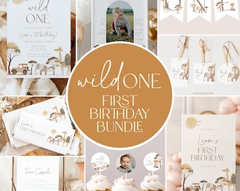 Wild One 1st Birthday Invitation Bundle Safari First Birthday Invite Jungle Party Decorations Animal Kids Birthday Party Invite #k03
