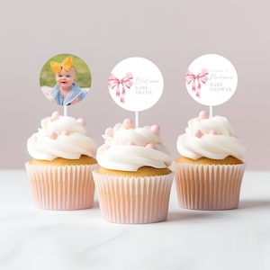 Pink Bow Baby Shower Cupcake Topper Template Party Pick Pink Ribbon Baby Shower Custom Cupcake Topper Personalized Birthday Cake Topper #b11