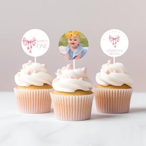 Girl Pink Bow 1st Birthday Cupcake Topper Template Party Pick Baby Photo Cupcake Topper Personalized Birthday Cake Topper #k19